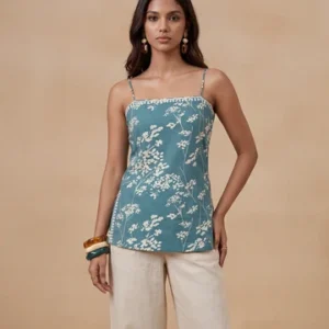 Teal mulmul chikankari sleeveless short kurti for women