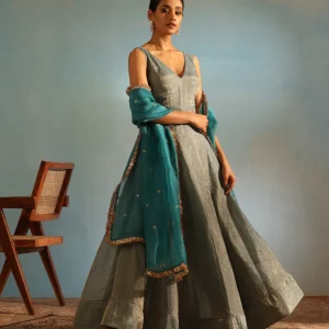 Blue handcrafted tissue silk anarkali for women